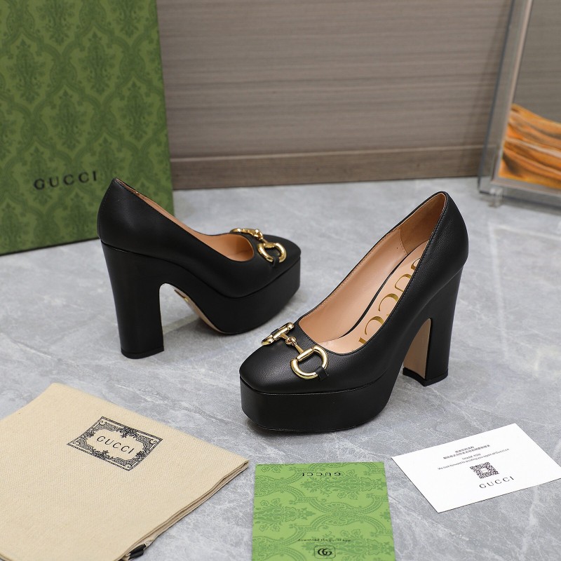 2025 Women Gucci Black Sheep Leather Platform Pumps KFY00320