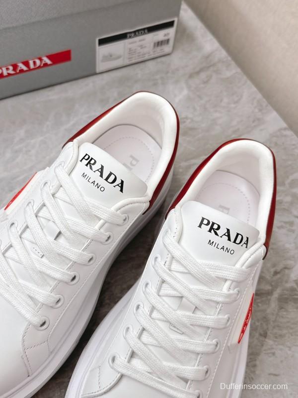 2025 Unisex Prada White Red Calf Leather Sneakers KFY00290
