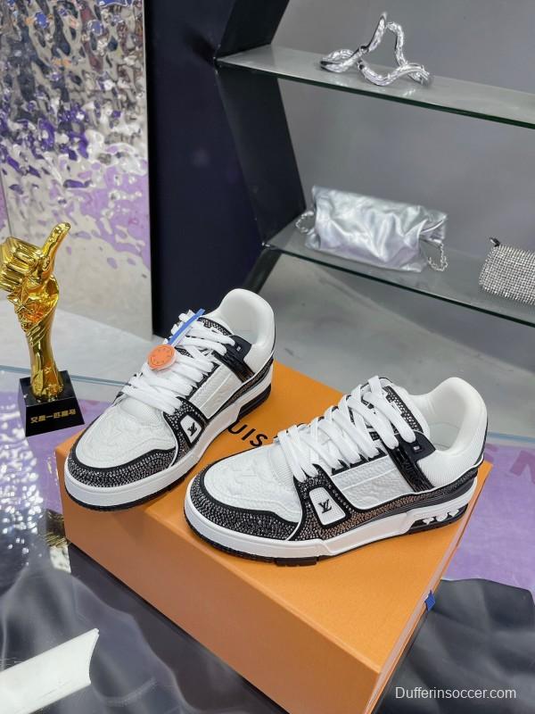 2025 Unisex Louis Vuitton White Black Leather Fabric Plimsolls Handcrafted Rhinestones AS00400