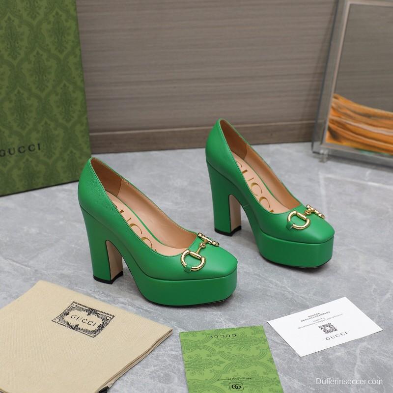 2025 Women Gucci Green Leather Platform Pumps KFY00320
