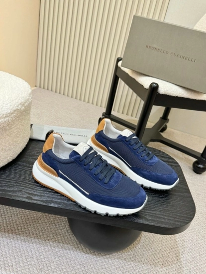 2025 Men Brunello Cucinelli Navy White Brown Calfskin Leather Sneakers AS00320