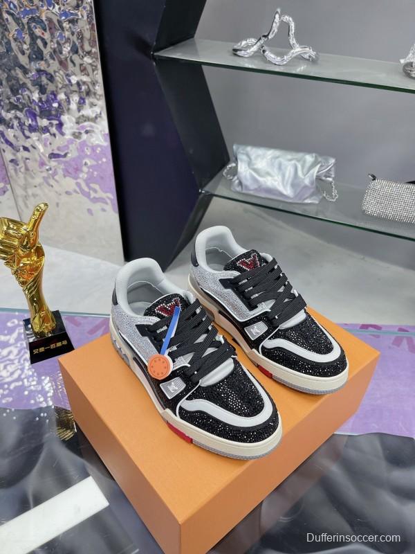 2025 Unisex Louis Vuitton Black White Leather Denim Plimsolls Handcrafted Diamonds AS00400