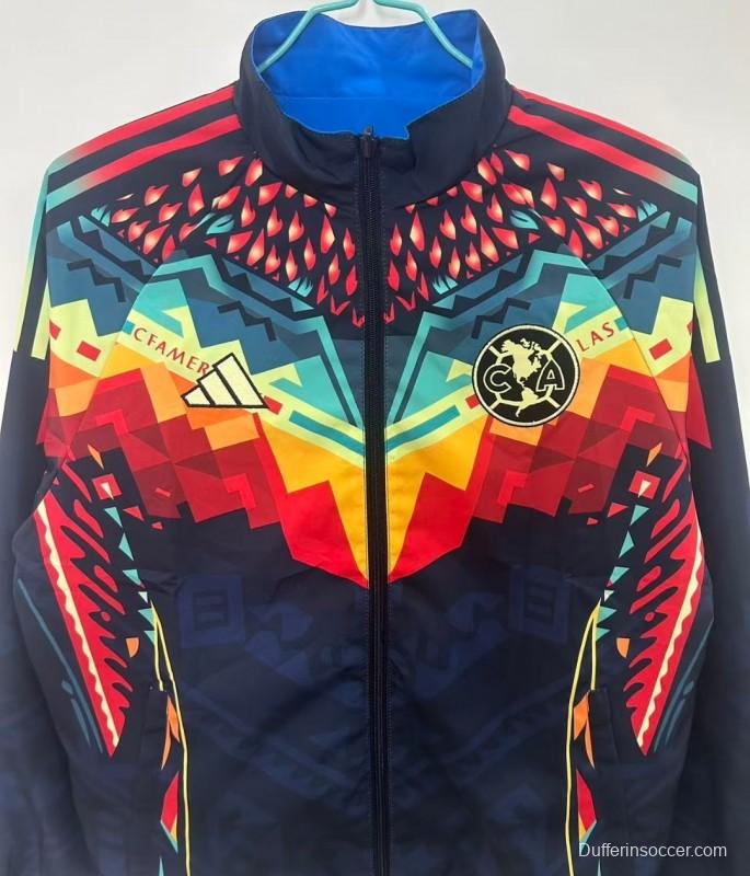 25/26 Club America Navy Blue with Aztec-Inspired Geometric Pattern Windbreaker