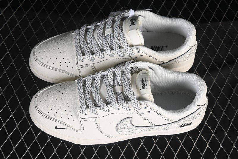 Nike SB Dunk Low Stussy Collaboration Beige Black Grey Silver Low-Top Casual Skate Shoes - HH7518-097