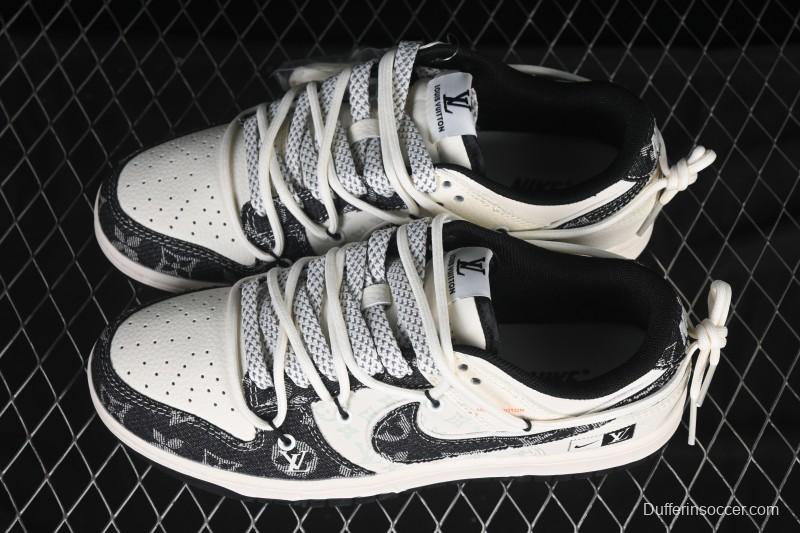 Nike SB Dunk Low LV Collaboration Black Floral Drawstring Anniversary High-End Custom Low-Top Casual Skate Shoes - YX5066-385