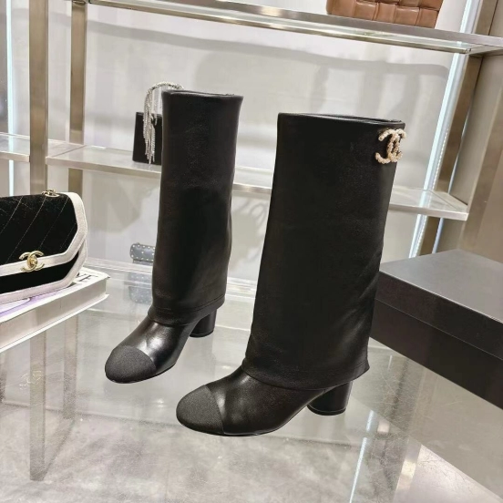 Chanel 2025/SS Autumn Winter Runway Turn-Cuff Block Heel Straight Tube Boots Classic Color Block - LY00510