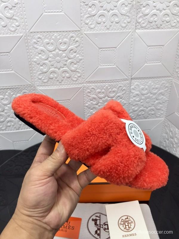 H Teddy Wool H Slippers Flat Sole Fur Slides - LY00240