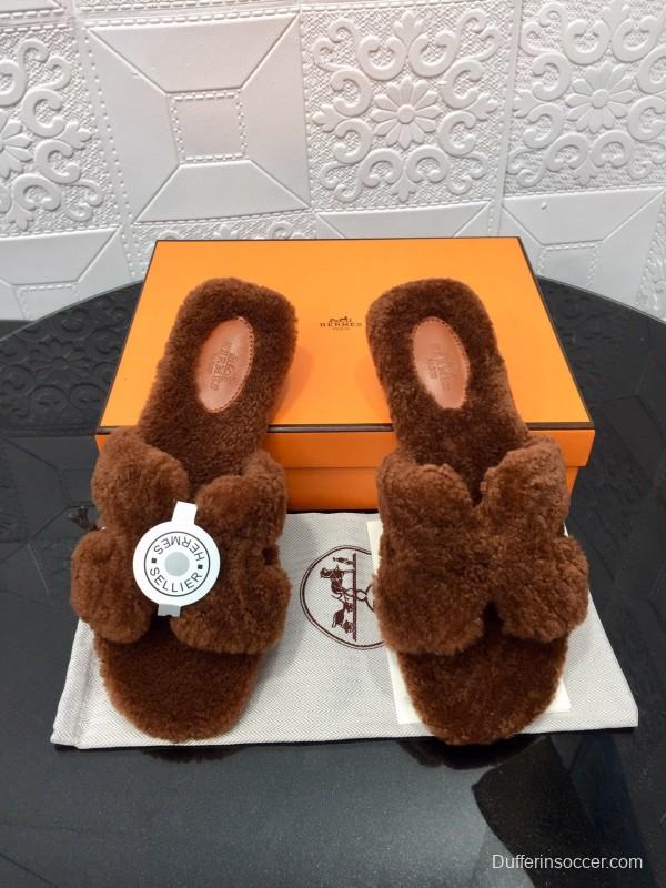 H Teddy Wool H Slippers Flat Sole Winter Fur Slippers - LY00240