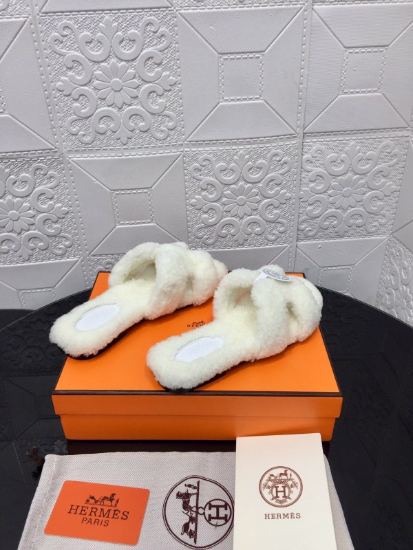 H Teddy Wool H Slippers Flat Sole Fur Slides - LY00240
