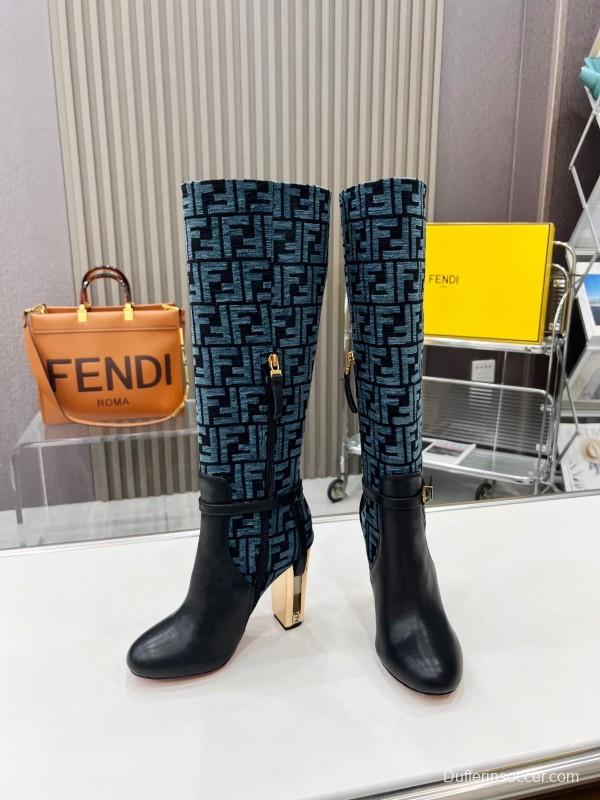 FENDI Delfina Round Toe Boots with FF Buckle and Heel Detail - LY00