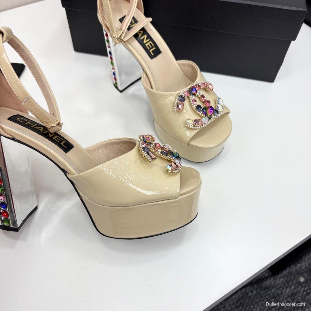 Adidas 2025/SS Little Fragrance Style Nightclub Color Diamond Chunky Heel Square Heel High Heel Waterproof Platform Back Strap Simple Sandals - KFY00350