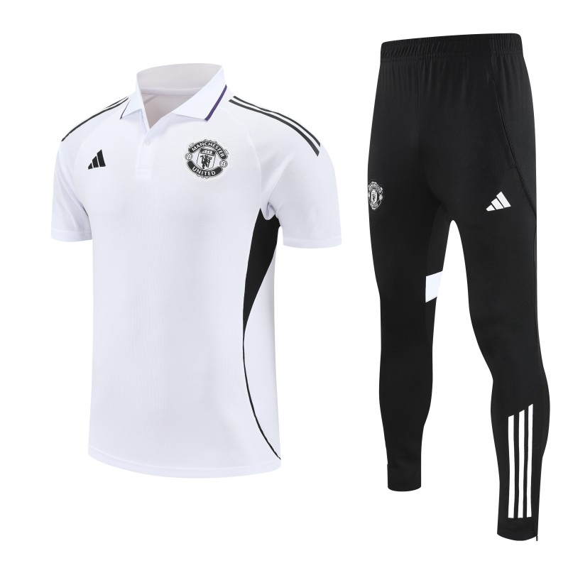 26/27  Manchester United White Polo Training Shirt + Long Pants Tracksuit