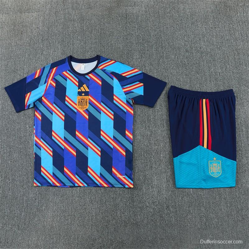 2026 Spain Navy Blue Multi-Color Diagonal Stripe Short Sleeve+Soccer Shorts