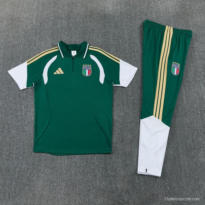 2026 Italy Green & White Half-Zip Polo Short Sleeve Tracksuit + Long Pants