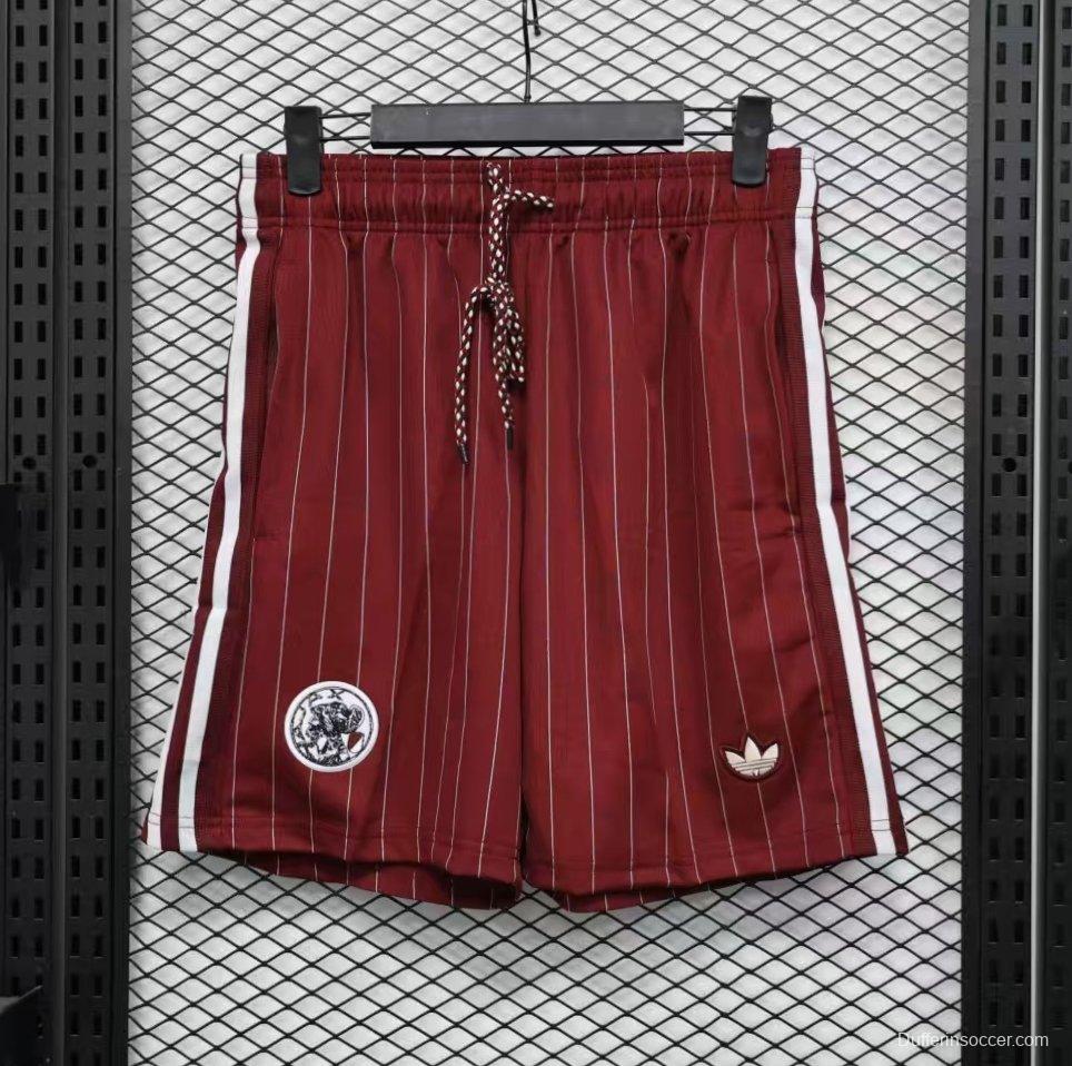 Player Version 25/26 Ajax Burgundy Red with White Side Stripes and Pinstripes Shorts