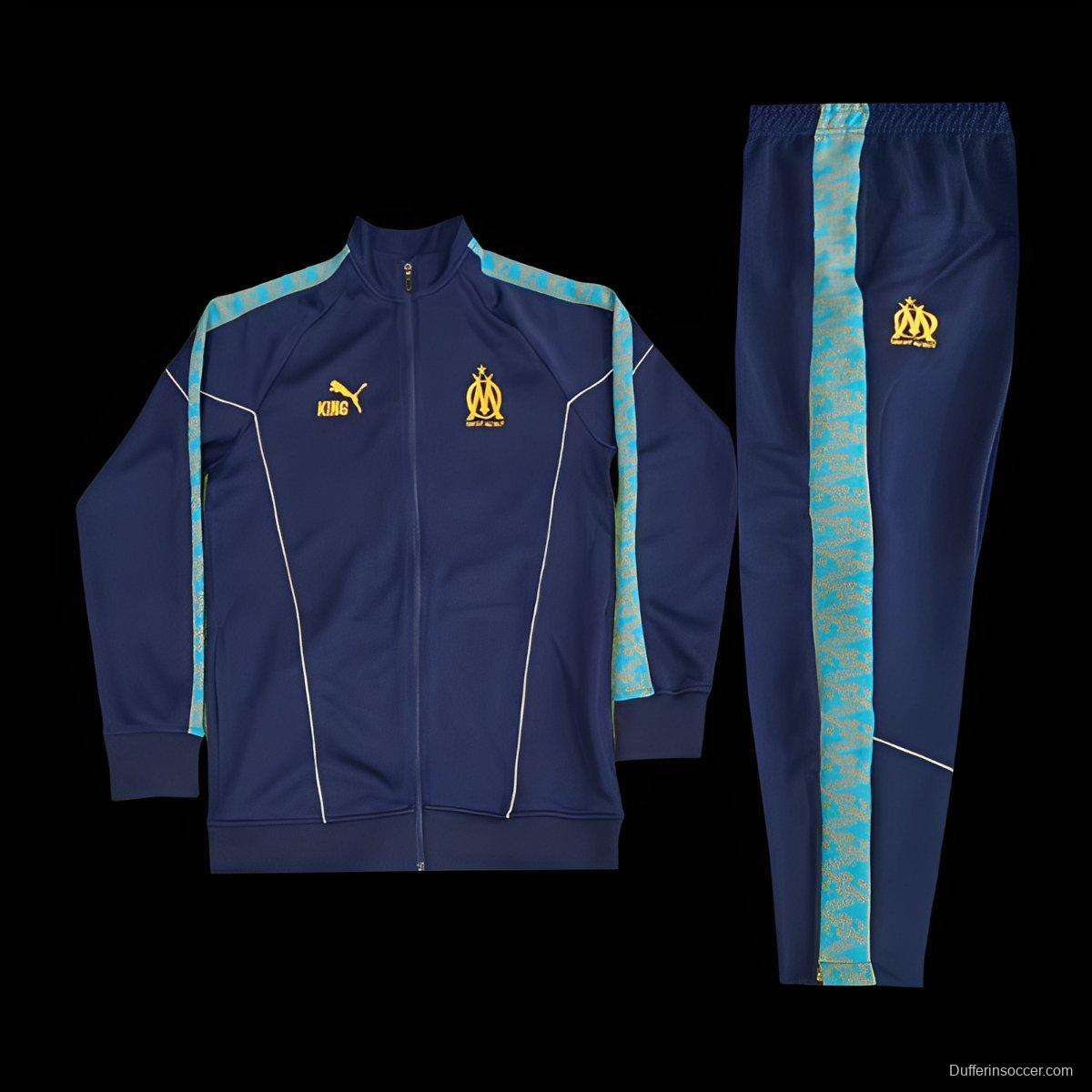 25/26 Olympique Marseille Navy Blue with Sky Blue Stripes Full Zipper Jacket Tracksuit +Long Pants